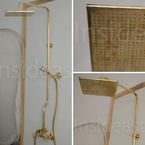 Unlacquered Brass Shower System, Handheld Shower And Square Head Combo, Exposed Pipe