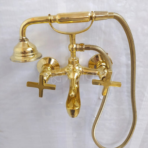 Unlacquered Brass Wall Mount Tub Filler, Telephone Bathtub Faucet, Handheld Shower