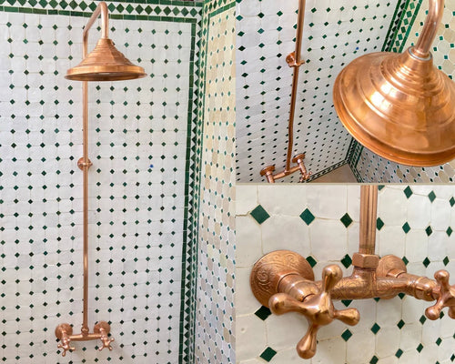 Unlacquered Solid copper shower , copper outdoor shower , copper shower , copper showerhead.