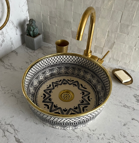 Antique Sink with Brass Rim Edge, Vessel Sink, Sink Bowl, Ceramic Basin, Hand Wash Basin,