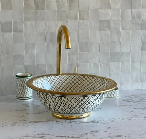 Bathroom Vessel Sink Brass Edge, Ceramic Basin, Antique Sink, Sink Bowl, Hand Wash Basin