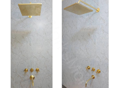 Unlacquered brass wall mount tub filler with squire wall mount showerhead