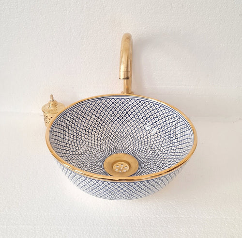 Mid Century Modern Bathroom Sink - Ceramic Basin - Original Gold Trim