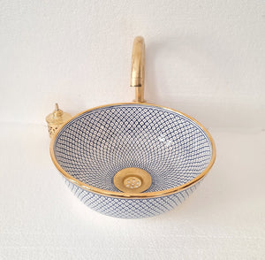 Mid Century Modern Bathroom Sink - Ceramic Basin - Original Gold Trim