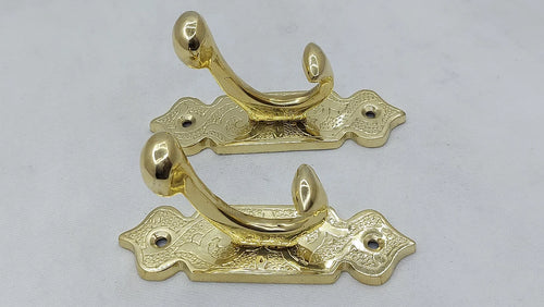 Set Of 2 Etched Unlacquered Brass Coat Hooks Wall Mount For Entryway, Bedroom, or Bathroom
