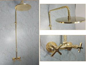 Handmade etched brass outdoor shower system - unlacquered brass shower faucet