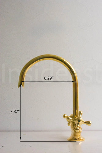 Gooseneck Bathroom Solid Brass Faucet, Unlacquered Brass Faucet with Simple Cross Handles