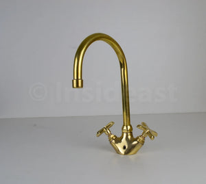 Gooseneck bathroom vanity solid brass faucet, unlacquered brass with flat cross handles & aerator