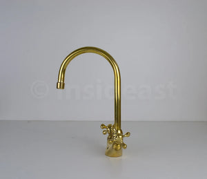 Gooseneck bathroom solid brass faucet, unlacquered brass faucet with simple cross handles & aerator