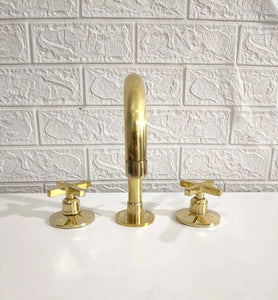 Unlacquered Brass Deck Mount Bathroom Faucet With Cross or Flat Handles
