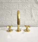 Unlacquered Brass Deck Mount Bathroom Faucet With Cross or Flat Handles