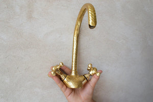 Unlacquered Brass Vintage Bathroom Goosneck faucet with hand engraved finish & traditional handles