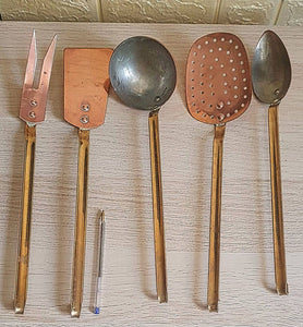 Beautiful set of 5, vintage,high quality copper, Vintage and Brass Hand Made Utensils Beautiful Condition Heavy Quality