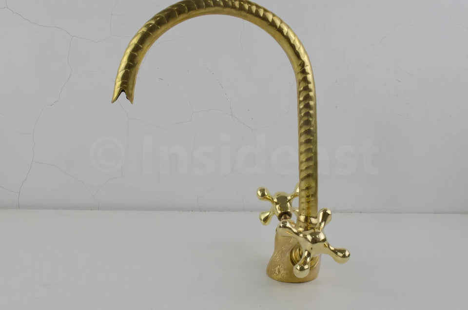 Unlacquered Brass Vintage Bathroom Goosneck faucet with hand engraved finish & traditional handles
